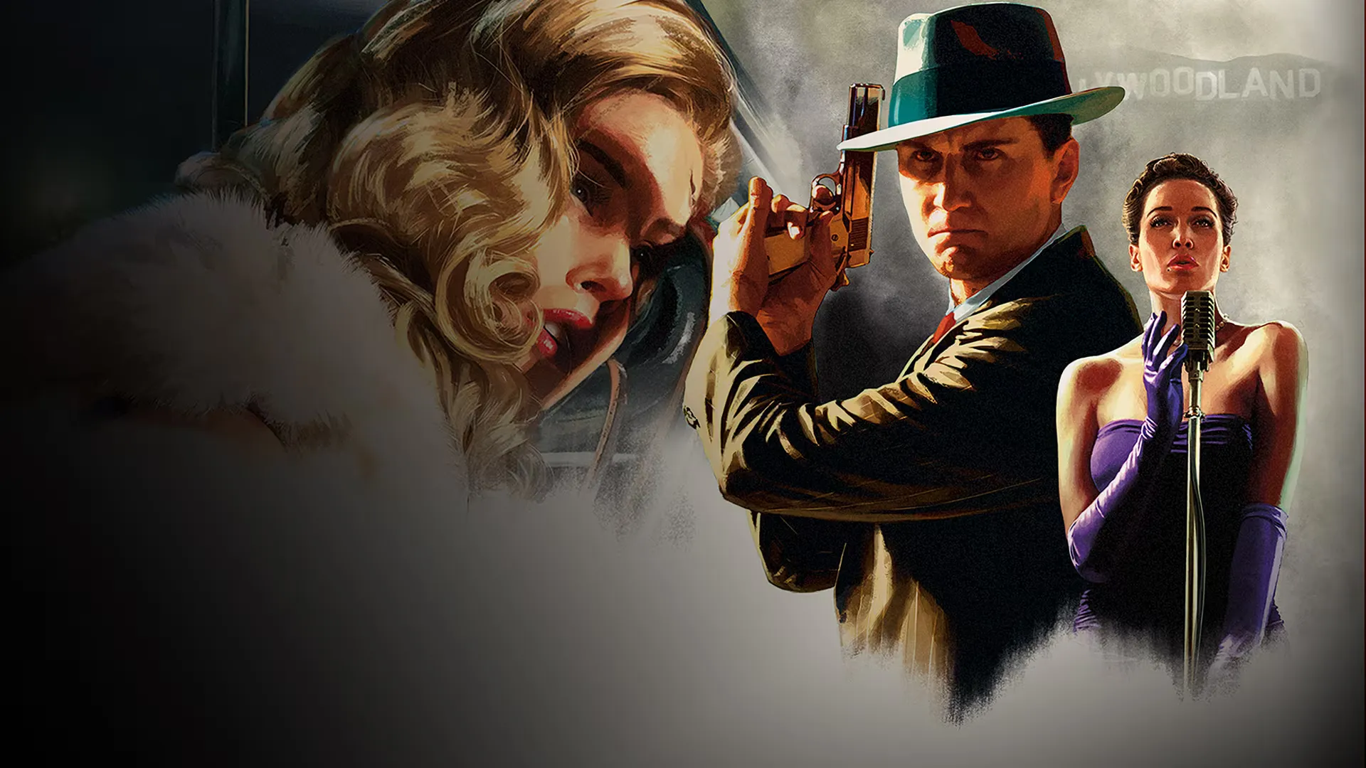 L.A. Noire promotional artwork: a detective drawing a pistol, a nightclub singer at a microphone and a woman on a telephone, beneath the Hollywoodland sign.